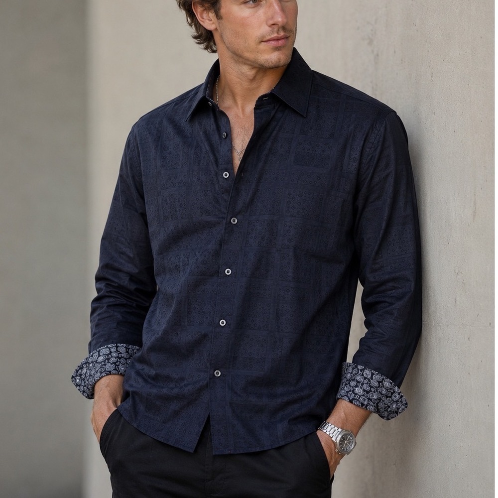 Robert Graham Button Down Shirt Mens XL Black Jacquard Paisley Contrast Cuffs